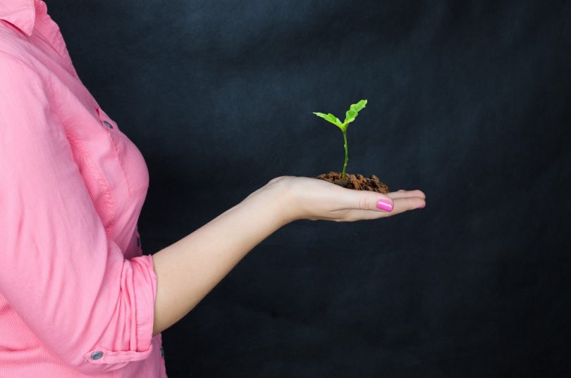 A woman holds a sprouting plant in her hands, implying growth.