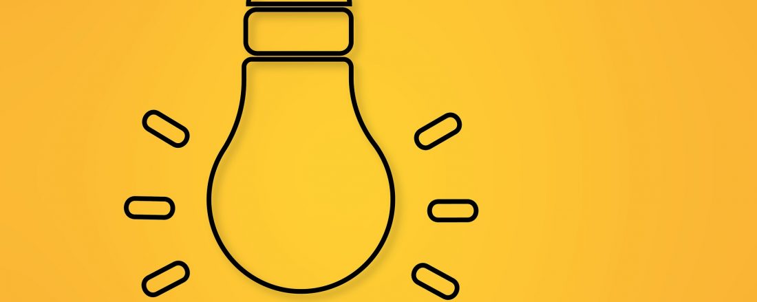 Stylistic lineart of a glowing lightbulb on a cheery yellow background