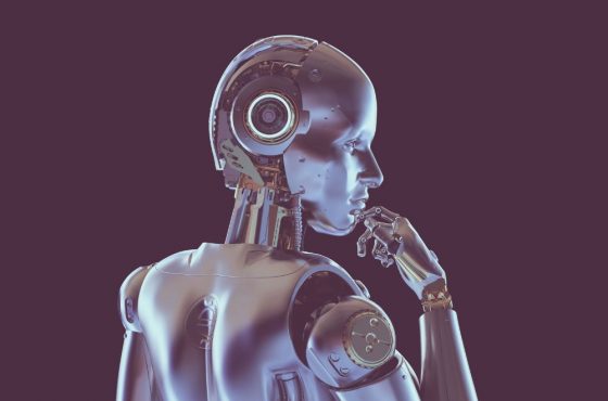 A robot contemplates the ethics of AI.