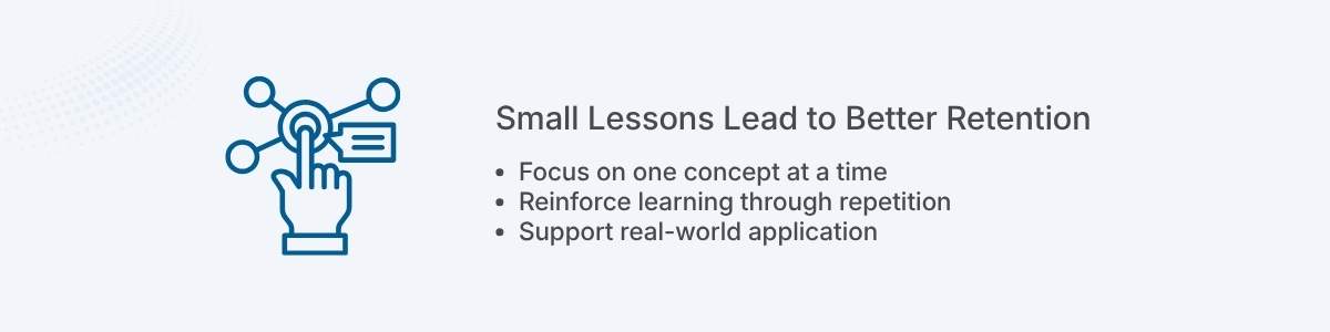 Small Lessons Lead to Better Retention Focus on one concept at a time Reinforce learning through repetition Support real-world application