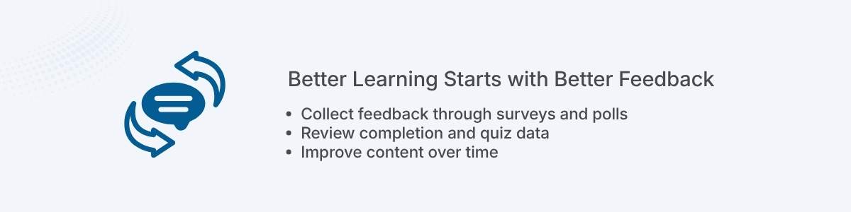 Better Learning Starts with Better Feedback Collect feedback through surveys and polls Review completion and quiz data Improve content over time