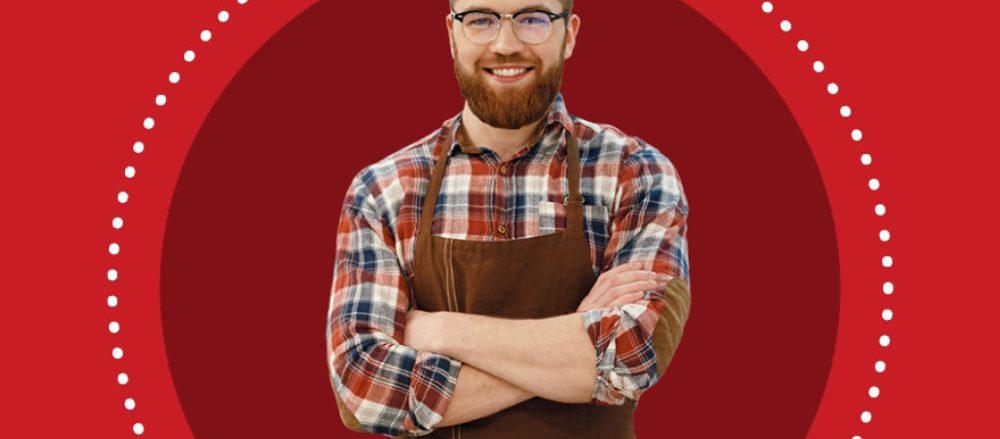 An image of a smiling server on a background of Smart Serve Ontario's branded shades of red.