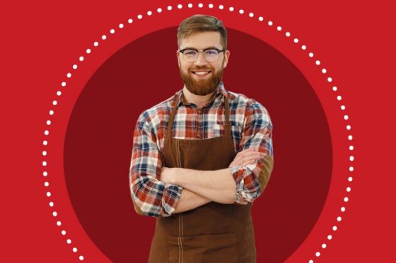 An image of a smiling server on a background of Smart Serve Ontario's branded shades of red.