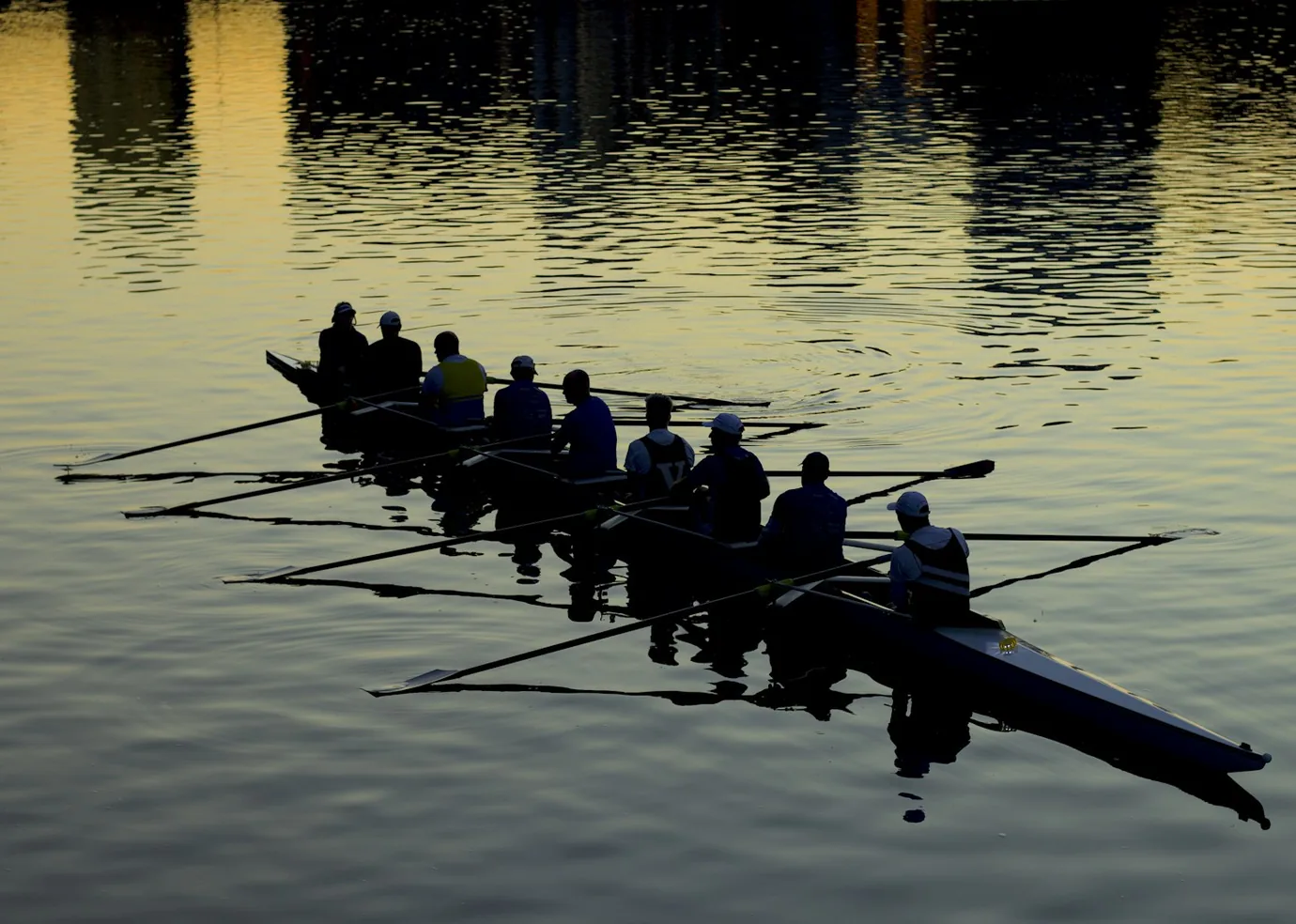 A rowing crew moving together across warmly lit water.